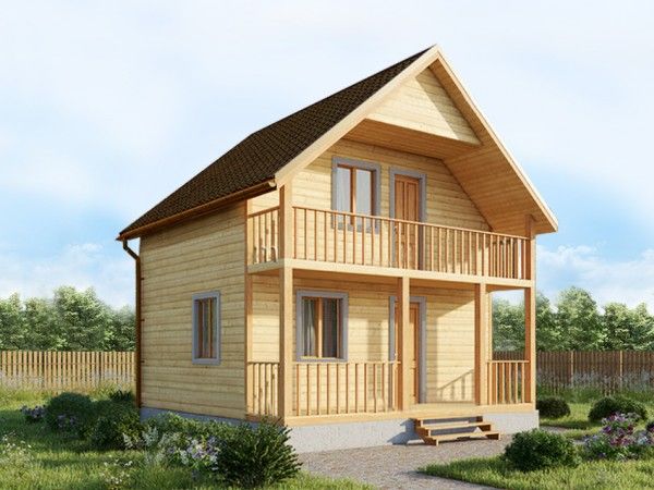 Баня из бруса с мансардой и верандой 6х6 ББ-5